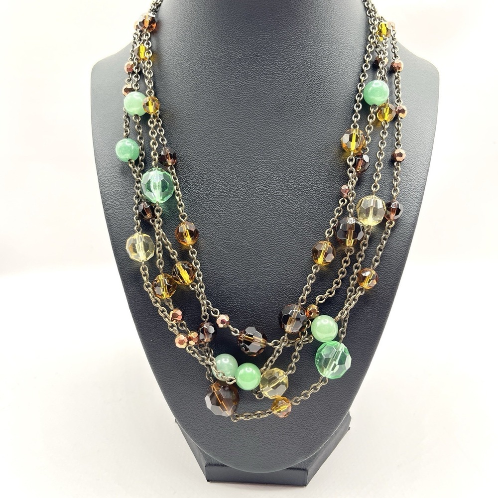 Lia Sophia Four Strand‎ Brown Green Yellow Copper Beaded Necklace Boho Chic 19"